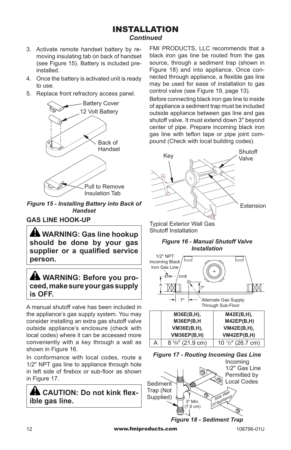 Installation, Caution: do not kink flex- ible gas line | FMI VM36E(B User Manual | Page 12 / 32