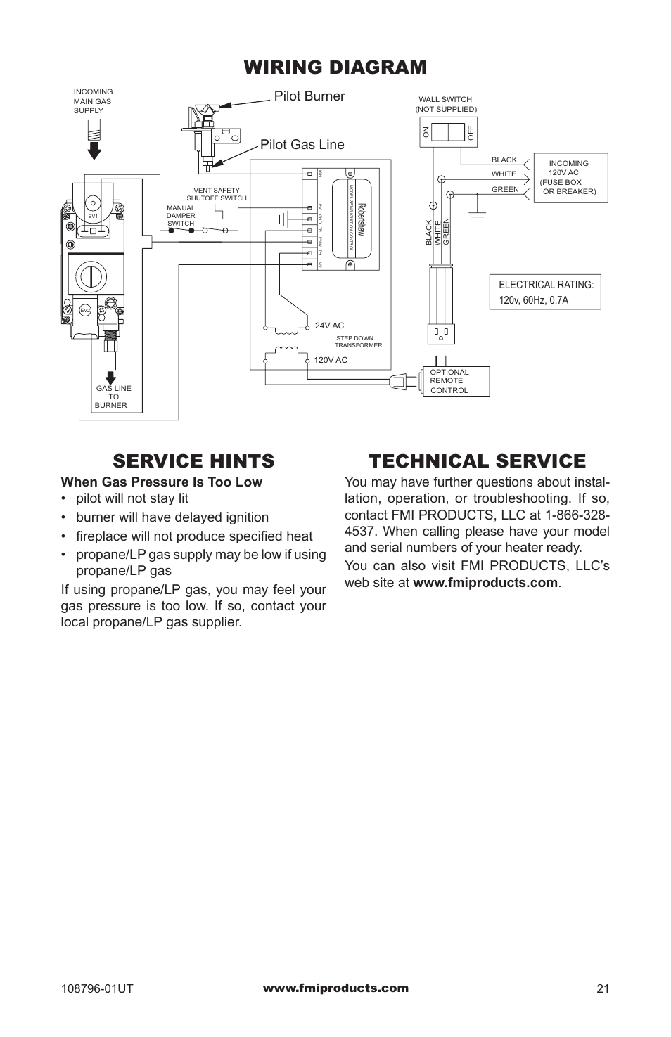 Wiring diagram service hints, Technical service, Pilot burner pilot gas line | FMI VM36E(B User Manual | Page 21 / 32