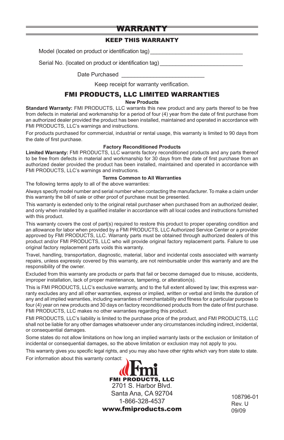 Warranty, Fmi products, llc limited warranties | FMI VM36E(B User Manual | Page 32 / 32