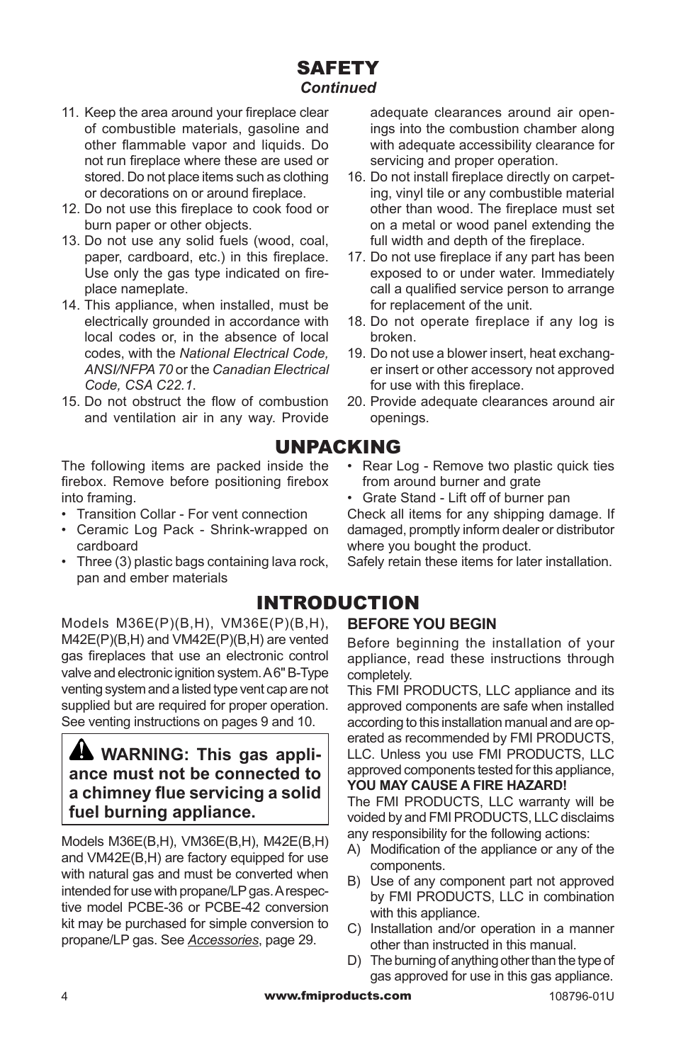 Safety, Unpacking, Introduction | FMI VM36E(B User Manual | Page 4 / 32