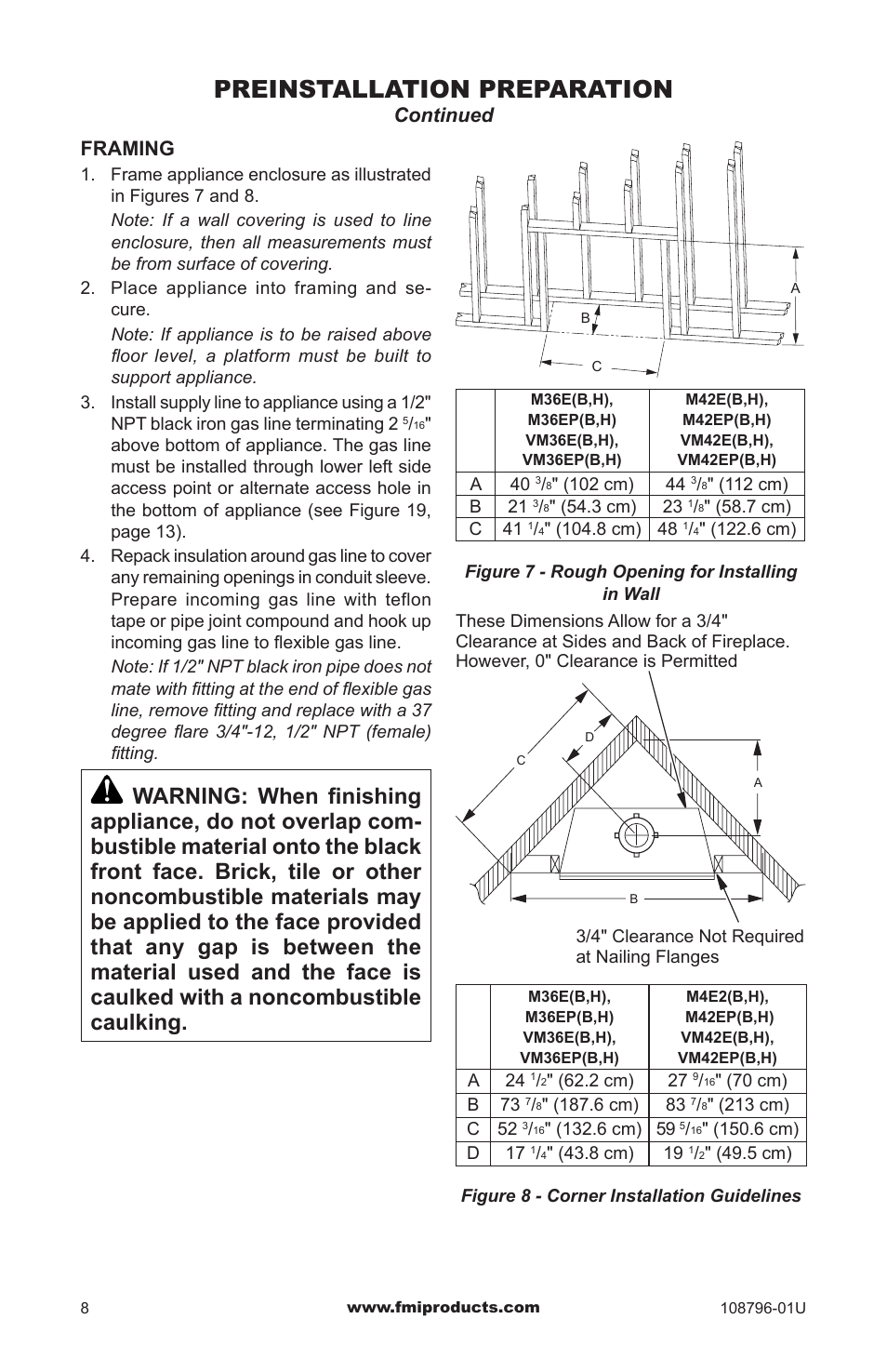 Preinstallation preparation, Continued framing | FMI VM36E(B User Manual | Page 8 / 32