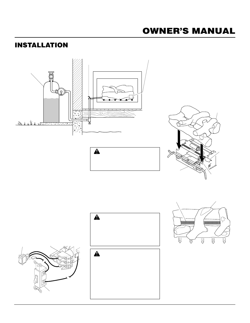 Owner’s manual, Installation, Continued | Installing logs, Installing gwms2 (optional) wall mounted switch | FMI FVF30PW User Manual | Page 13 / 24