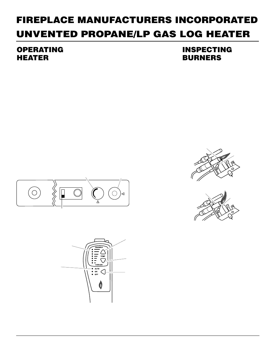 Operating heater, Inspecting burners, Continued | Pilot flame pattern, Burner primary air holes, Main burner | FMI FVF30PW User Manual | Page 16 / 24