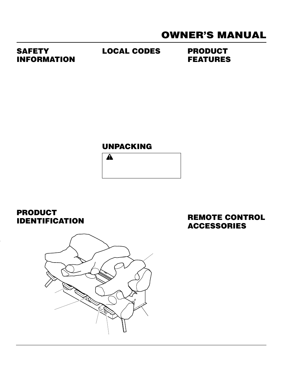 Owner’s manual, Product identification local codes, Product features | Remote control accessories, Unpacking, Safety information, Continued | FMI FVF30PW User Manual | Page 3 / 24