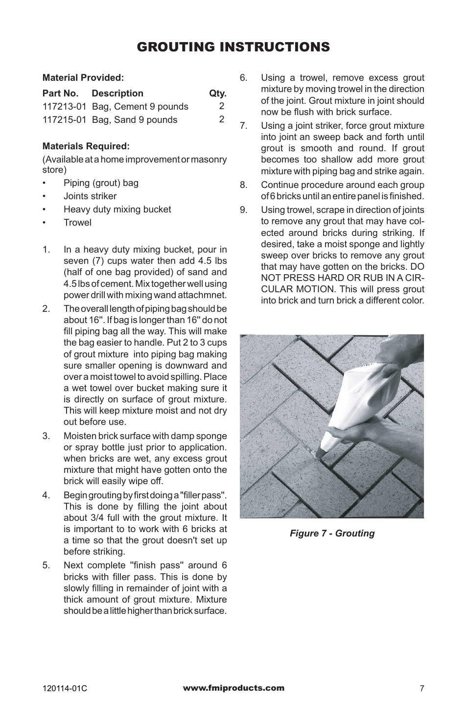 Grouting instructions | FMI UNDER HEARTH WOOD NOOK DHS-36 User Manual | Page 7 / 8