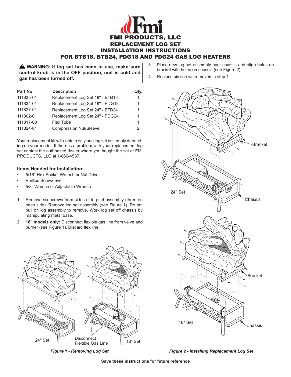 FMI REPLACEMENT LOG SET PDG24 User Manual | 2 pages