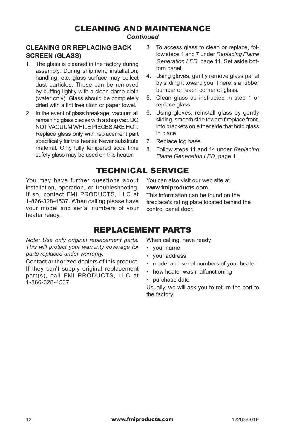 Technical service, Cleaning and maintenance, Replacement parts | FMI ES401 User Manual | Page 12 / 20