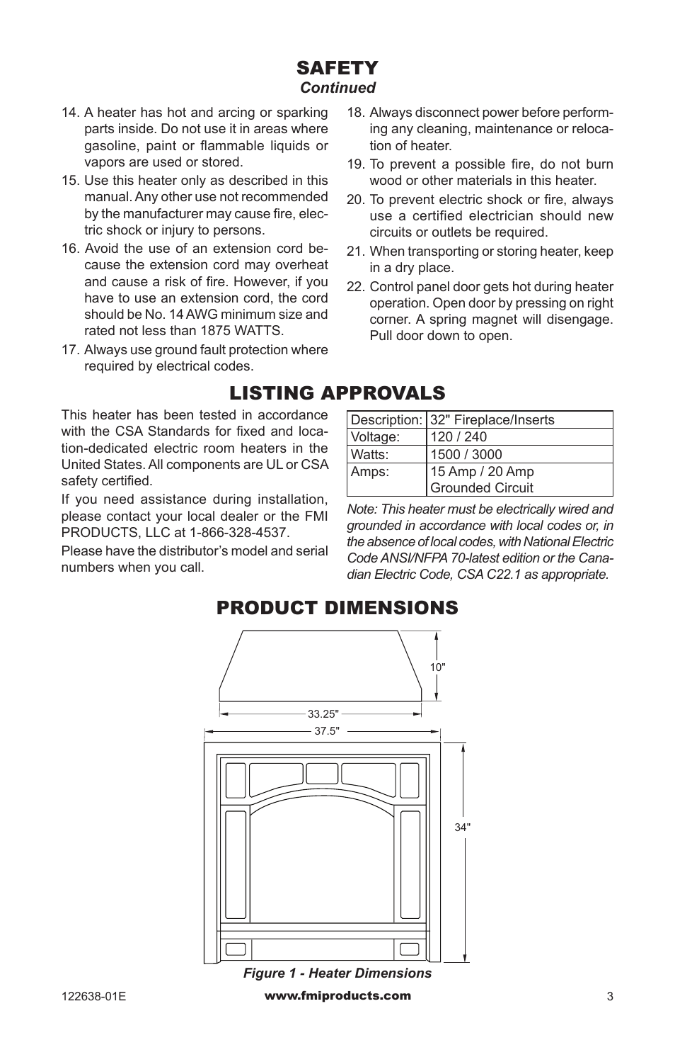 Safety, Product dimensions, Listing approvals | FMI ES401 User Manual | Page 3 / 20