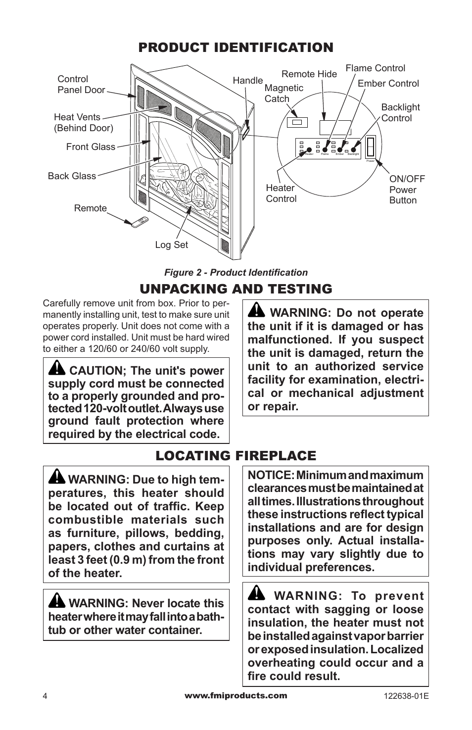Unpacking and testing locating fireplace, Product identification | FMI ES401 User Manual | Page 4 / 20