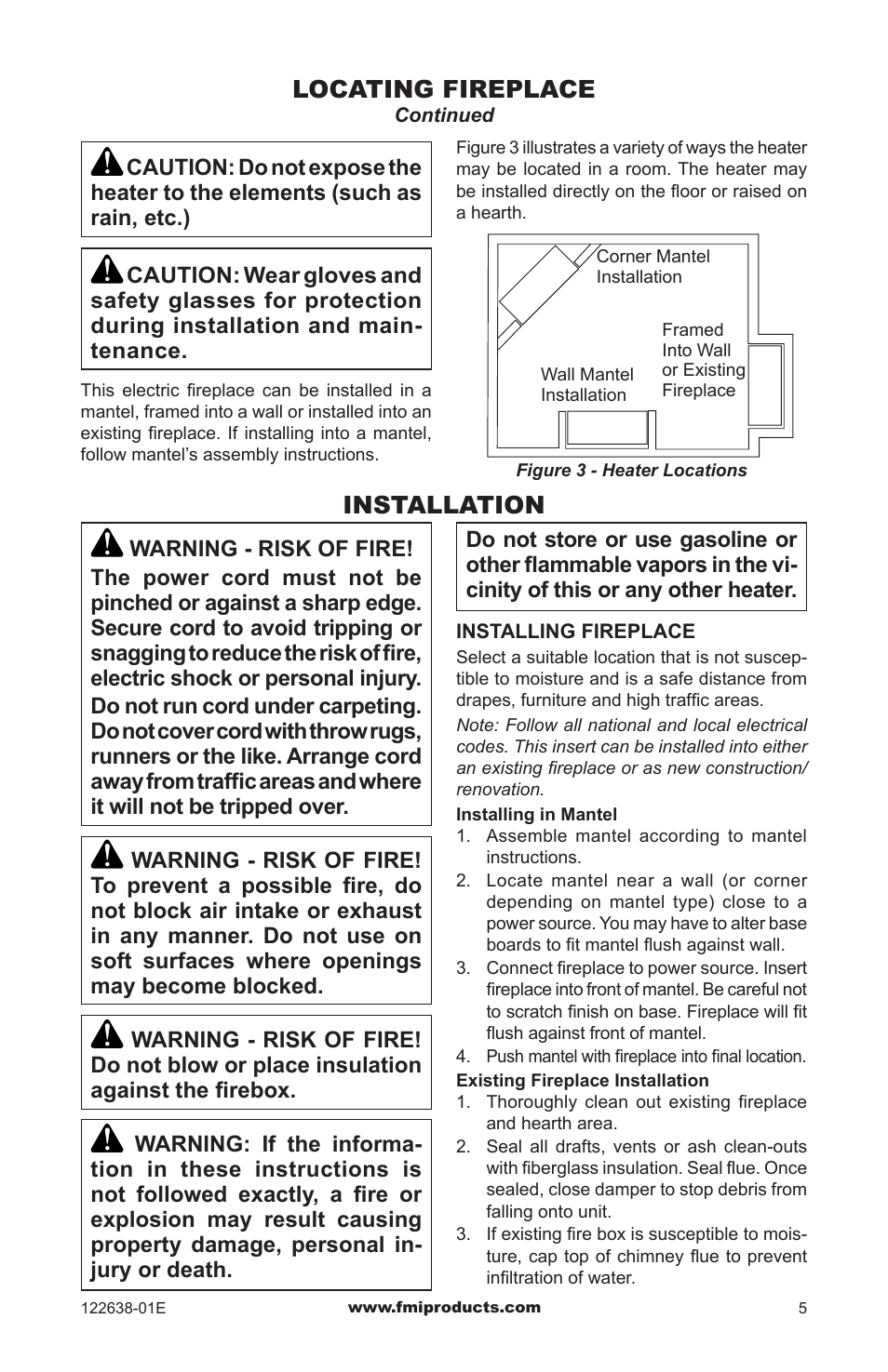 Locating fireplace, Installation | FMI ES401 User Manual | Page 5 / 20