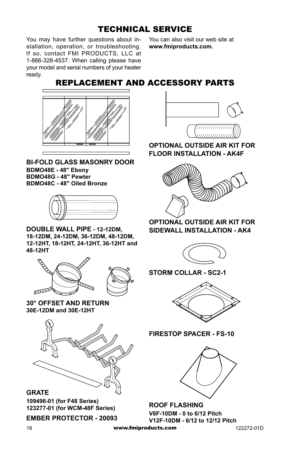 Technical service, Replacement and accessory parts | FMI F48H(I)(R) User Manual | Page 18 / 20