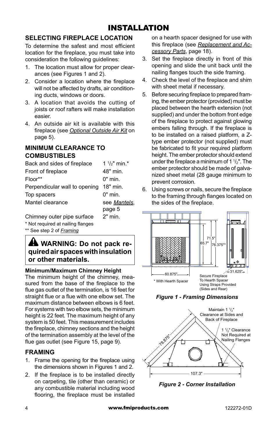 Installation, Selecting fireplace location, Minimum clearance to combustibles | Framing | FMI F48H(I)(R) User Manual | Page 4 / 20