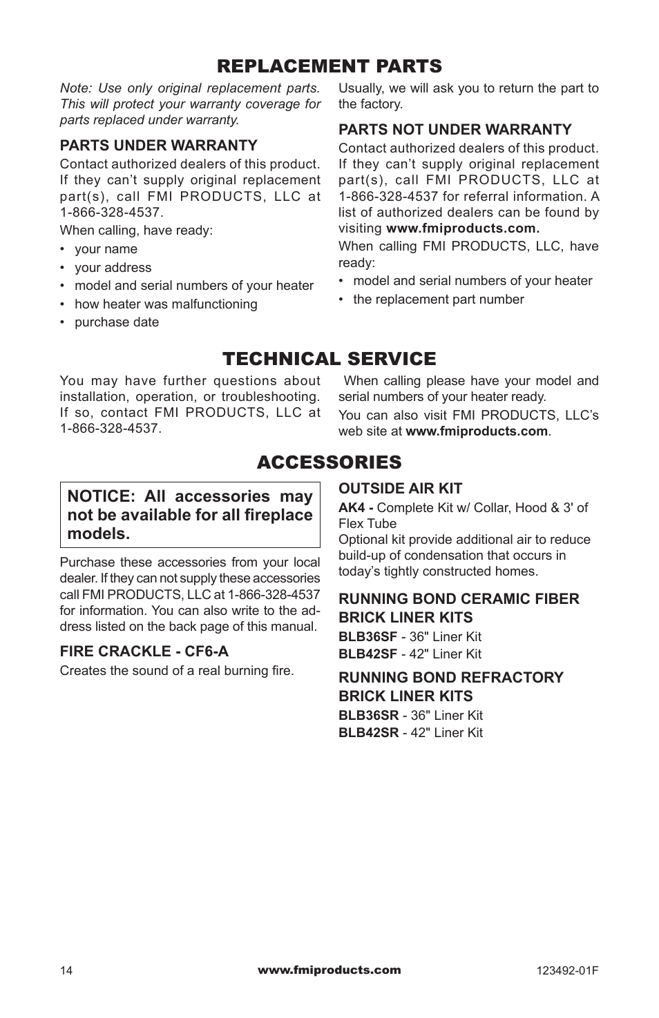 Replacement parts, Technical service, Accessories | FMI BV42(B) User Manual | Page 14 / 16