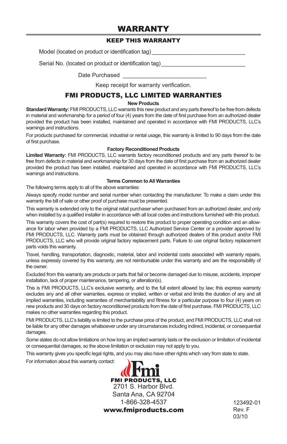 Warranty | FMI BV42(B) User Manual | Page 16 / 16