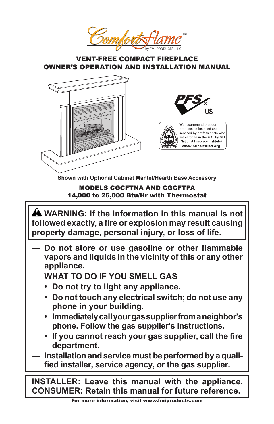 FMI COMFORT FLAME CGCFTNA User Manual | 32 pages