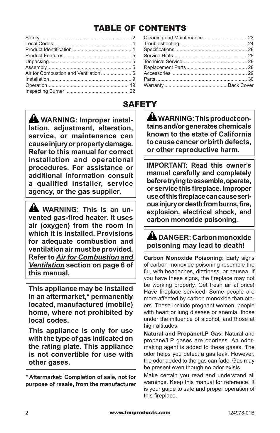 Safety | FMI COMFORT FLAME CGCFTNA User Manual | Page 2 / 32