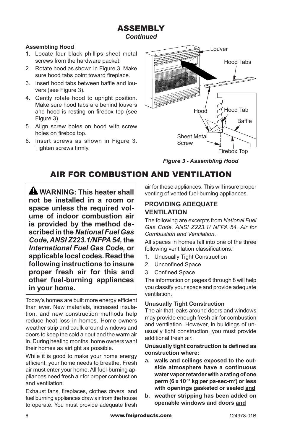Air for combustion and ventilation, Assembly | FMI COMFORT FLAME CGCFTNA User Manual | Page 6 / 32