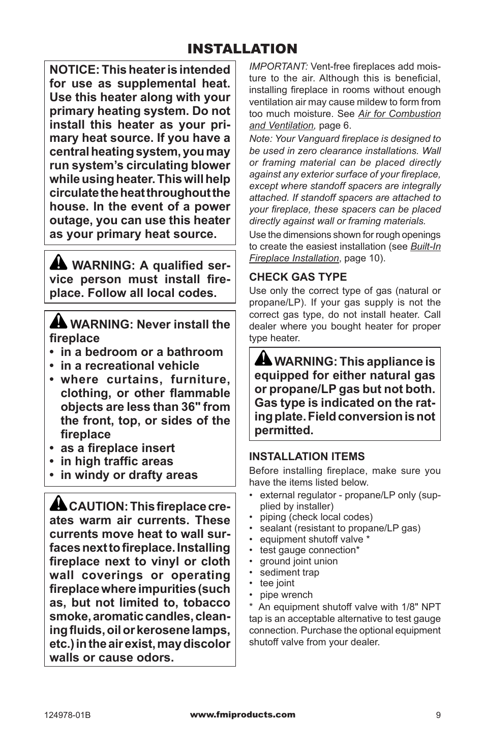 Installation | FMI COMFORT FLAME CGCFTNA User Manual | Page 9 / 32