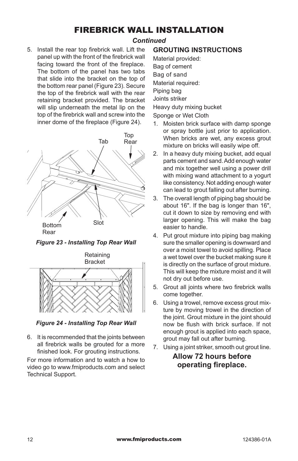 Firebrick wall installation, Allow 72 hours before operating fireplace | FMI VF48H(I)(R)A User Manual | Page 12 / 20