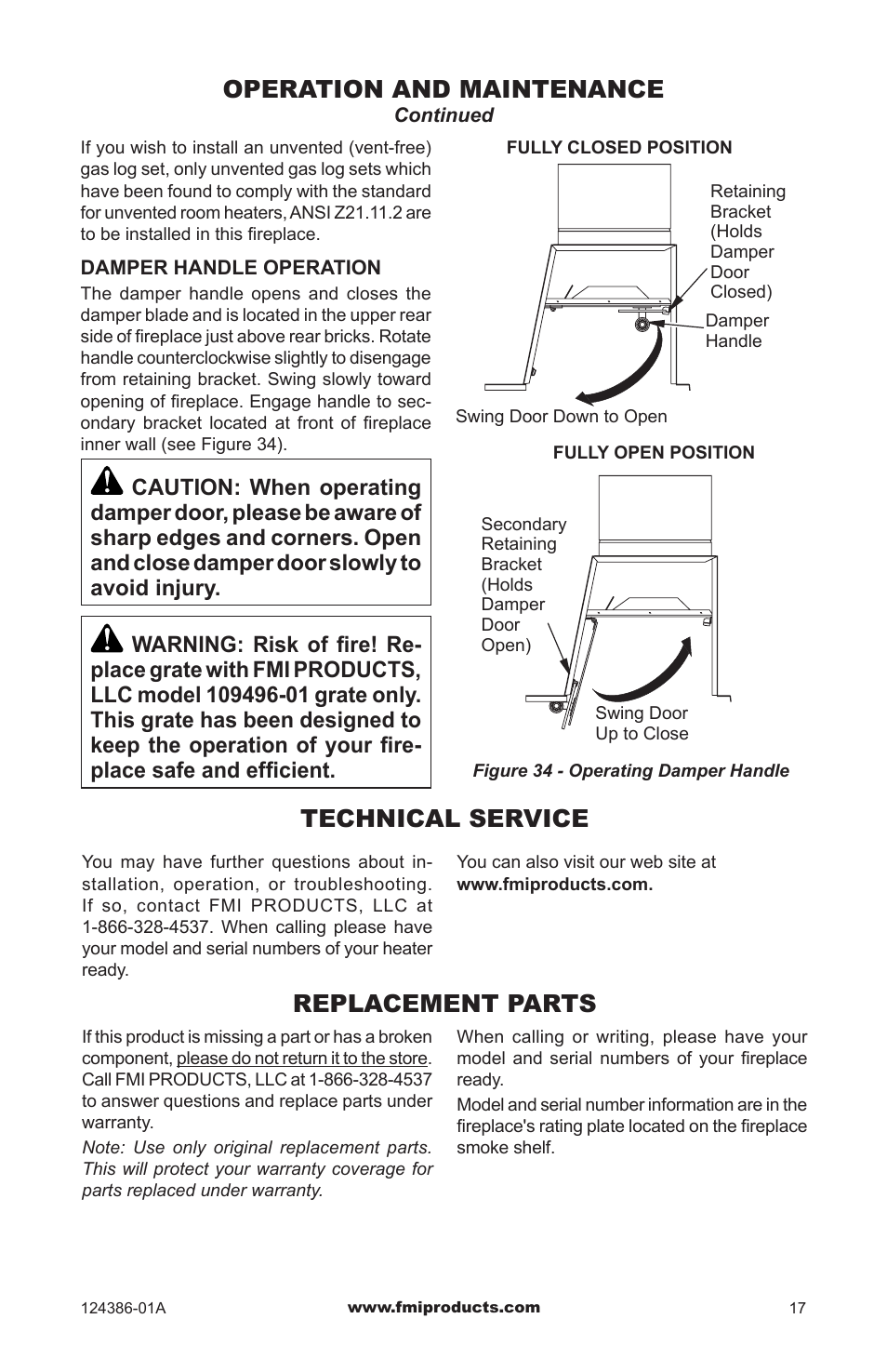 Operation and maintenance, Technical service, Replacement parts | FMI VF48H(I)(R)A User Manual | Page 17 / 20