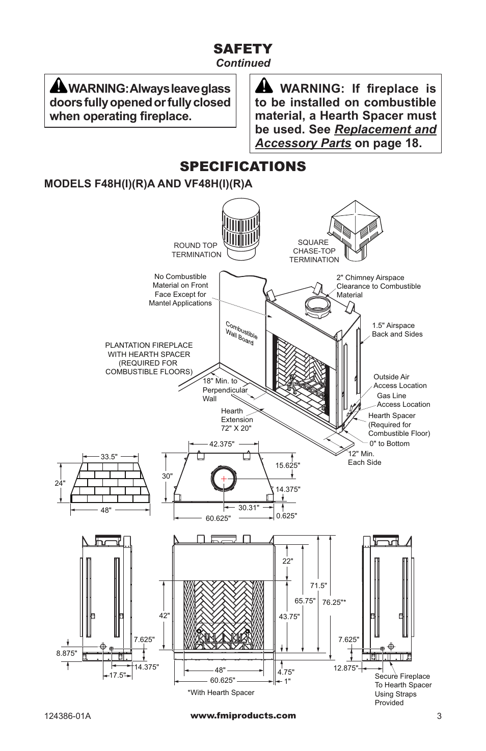 Specifications, Safety, Models f48h(i)(r)a and vf48h(i)(r)a | Continued | FMI VF48H(I)(R)A User Manual | Page 3 / 20