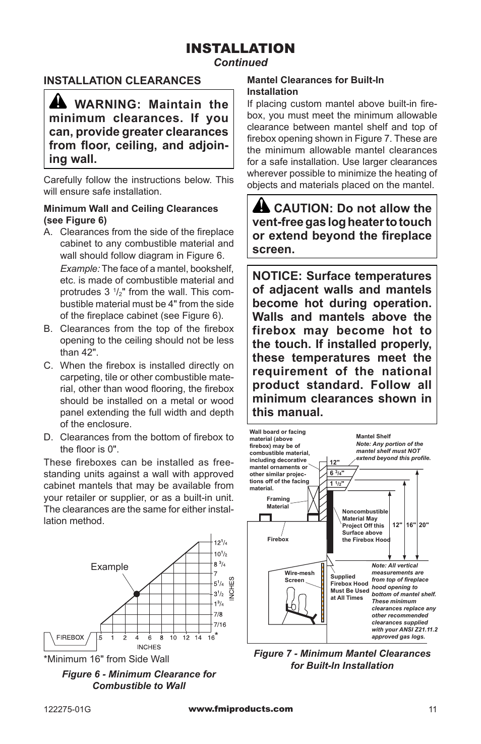 Installation, Installation clearances, Continued | FMI VCM-36Q User Manual | Page 11 / 36