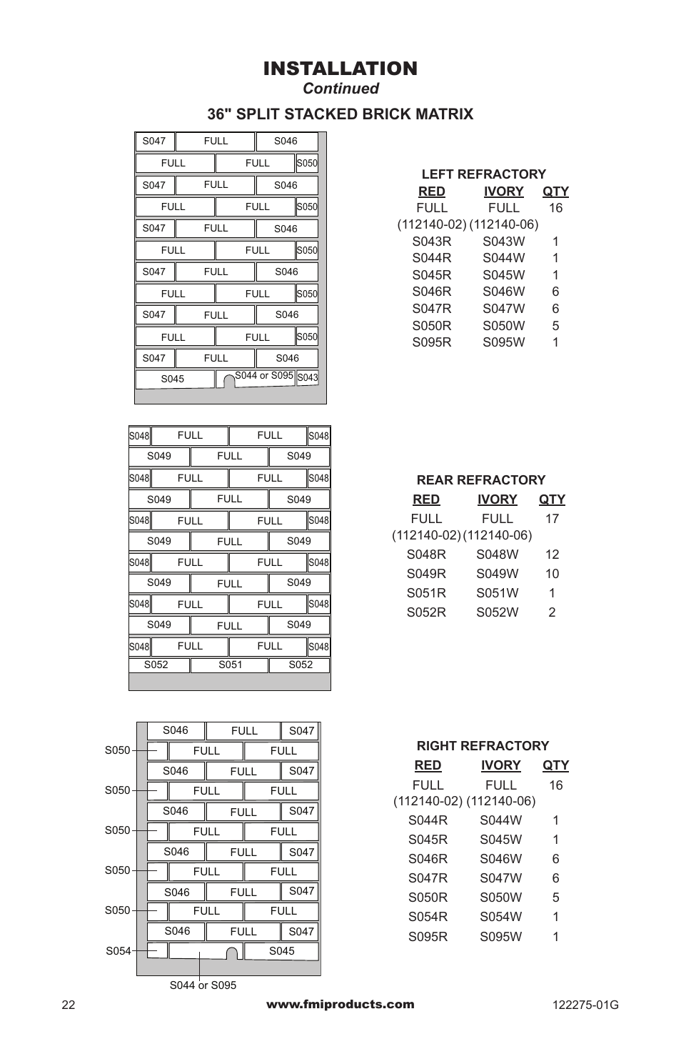 Installation, Continued 36" split stacked brick matrix | FMI VCM-36Q User Manual | Page 22 / 36