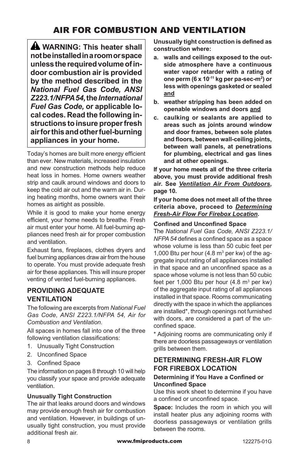 Air for combustion and ventilation | FMI VCM-36Q User Manual | Page 8 / 36