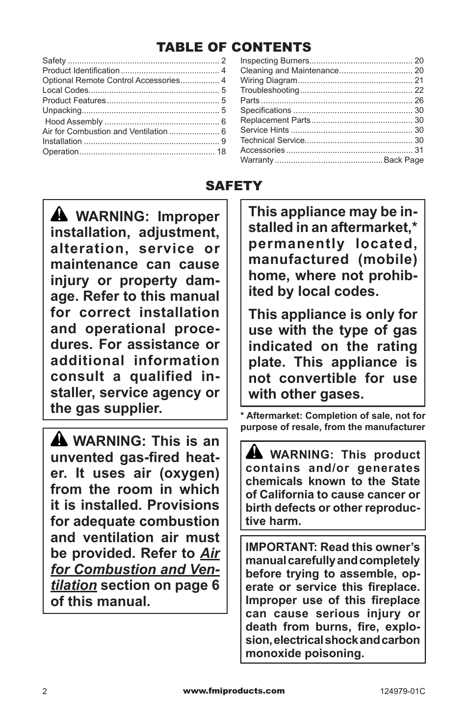 Safety | FMI COMFORT FLAME CDCFPRB User Manual | Page 2 / 32