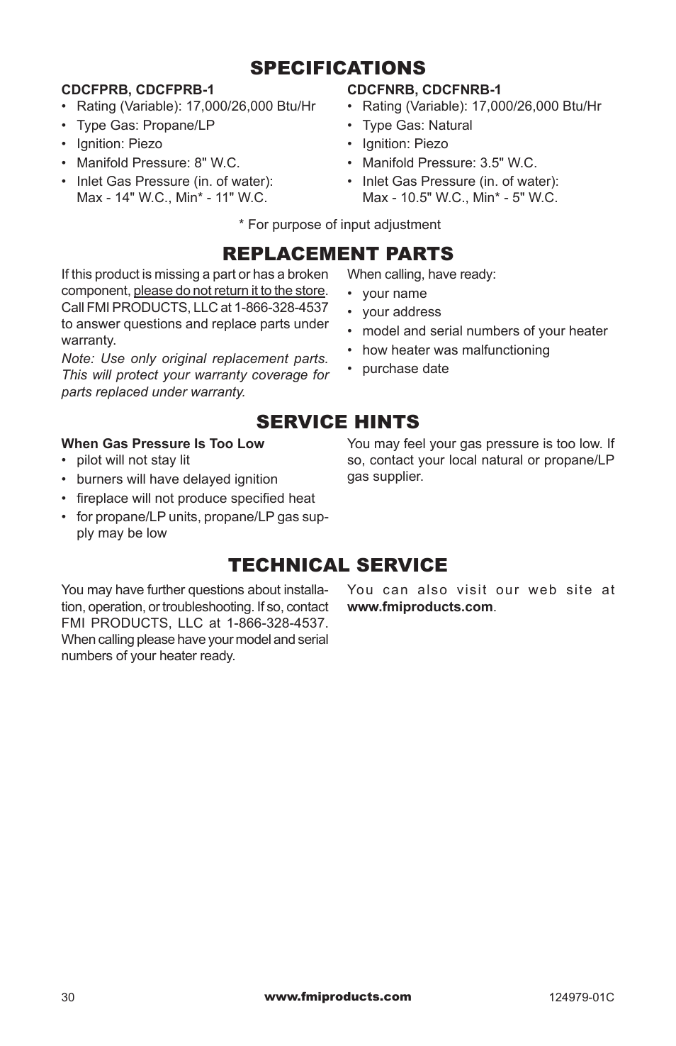 Specifications, Replacement parts, Service hints | Technical service | FMI COMFORT FLAME CDCFPRB User Manual | Page 30 / 32