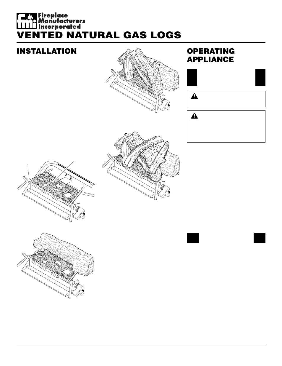 Vented natural gas logs, Operating appliance, Installation | FMI FVTR24 User Manual | Page 12 / 24