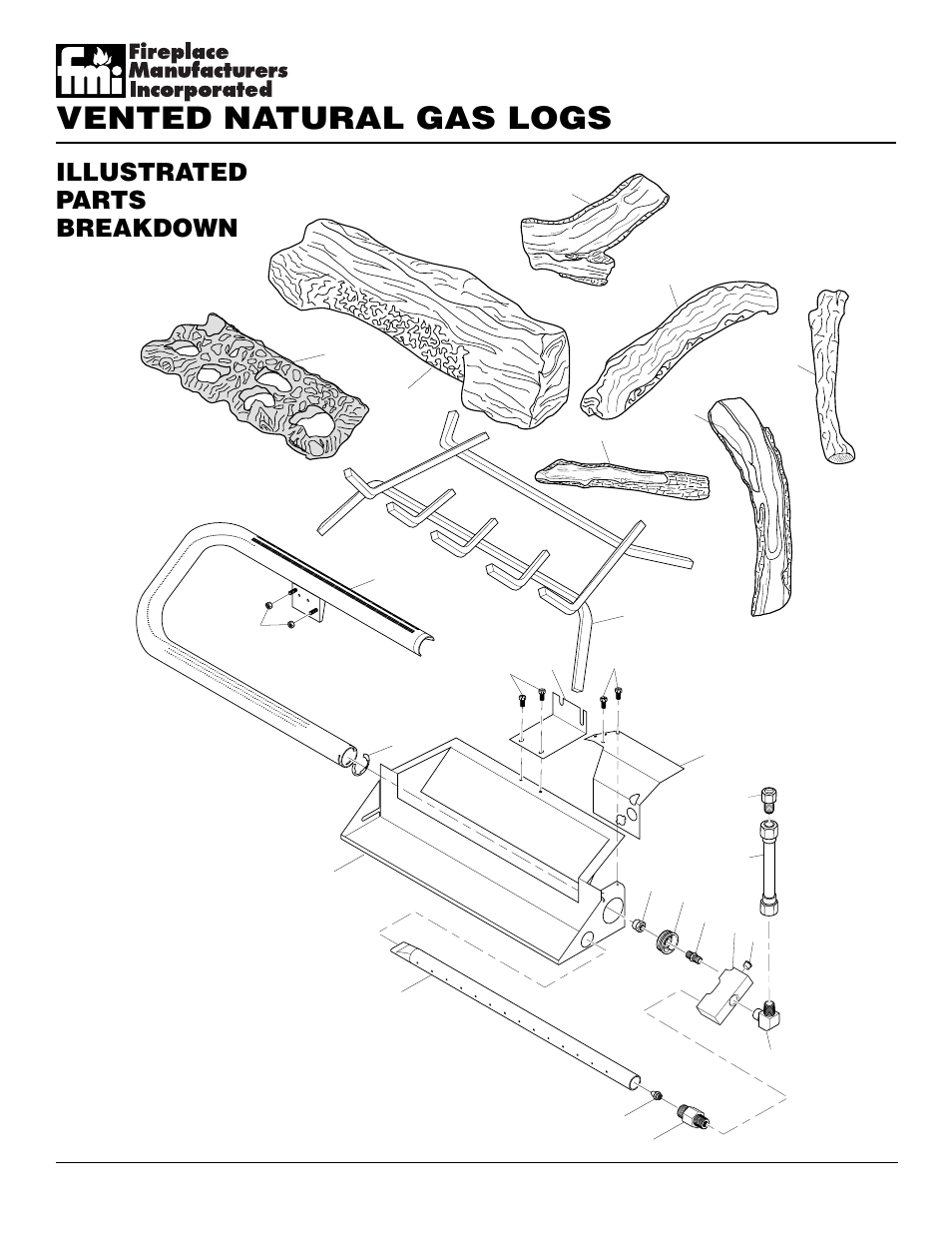 Vented natural gas logs, Illustrated parts breakdown | FMI FVTR24 User Manual | Page 18 / 24