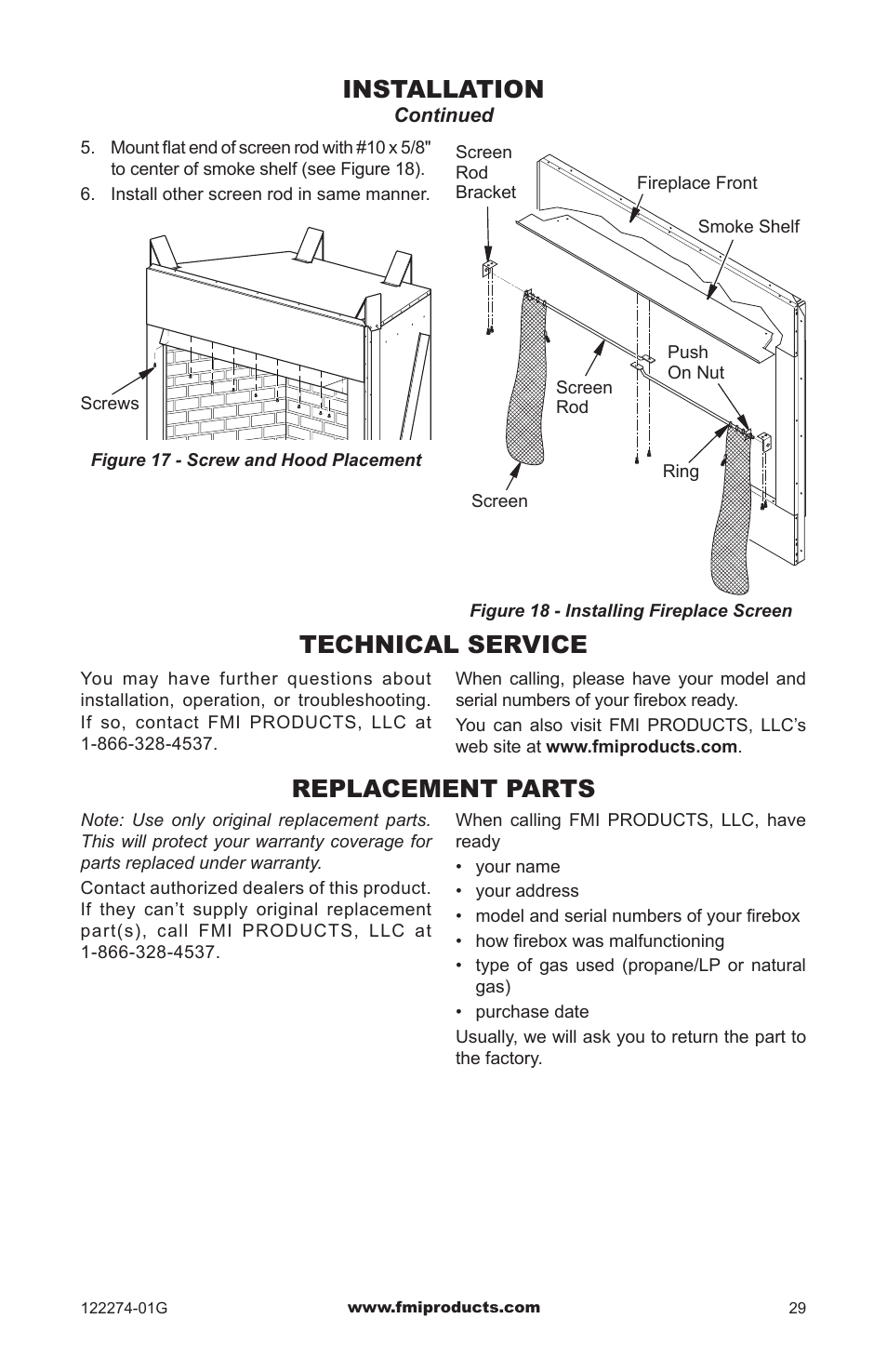 Installation, Technical service, Replacement parts | FMI VCM-42U User Manual | Page 29 / 36