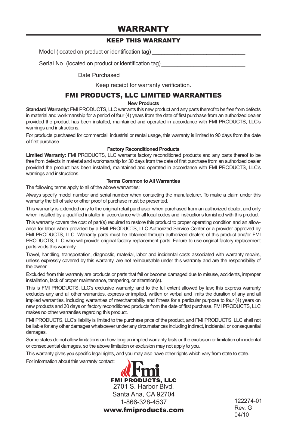 Warranty, Fmi products, llc limited warranties | FMI VCM-42U User Manual | Page 36 / 36