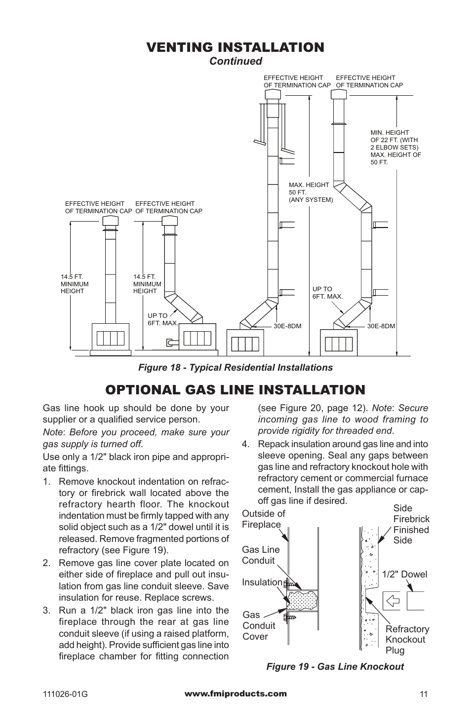 Optional gas line installation, Venting installation, Continued | FMI (V)S36 User Manual | Page 11 / 20