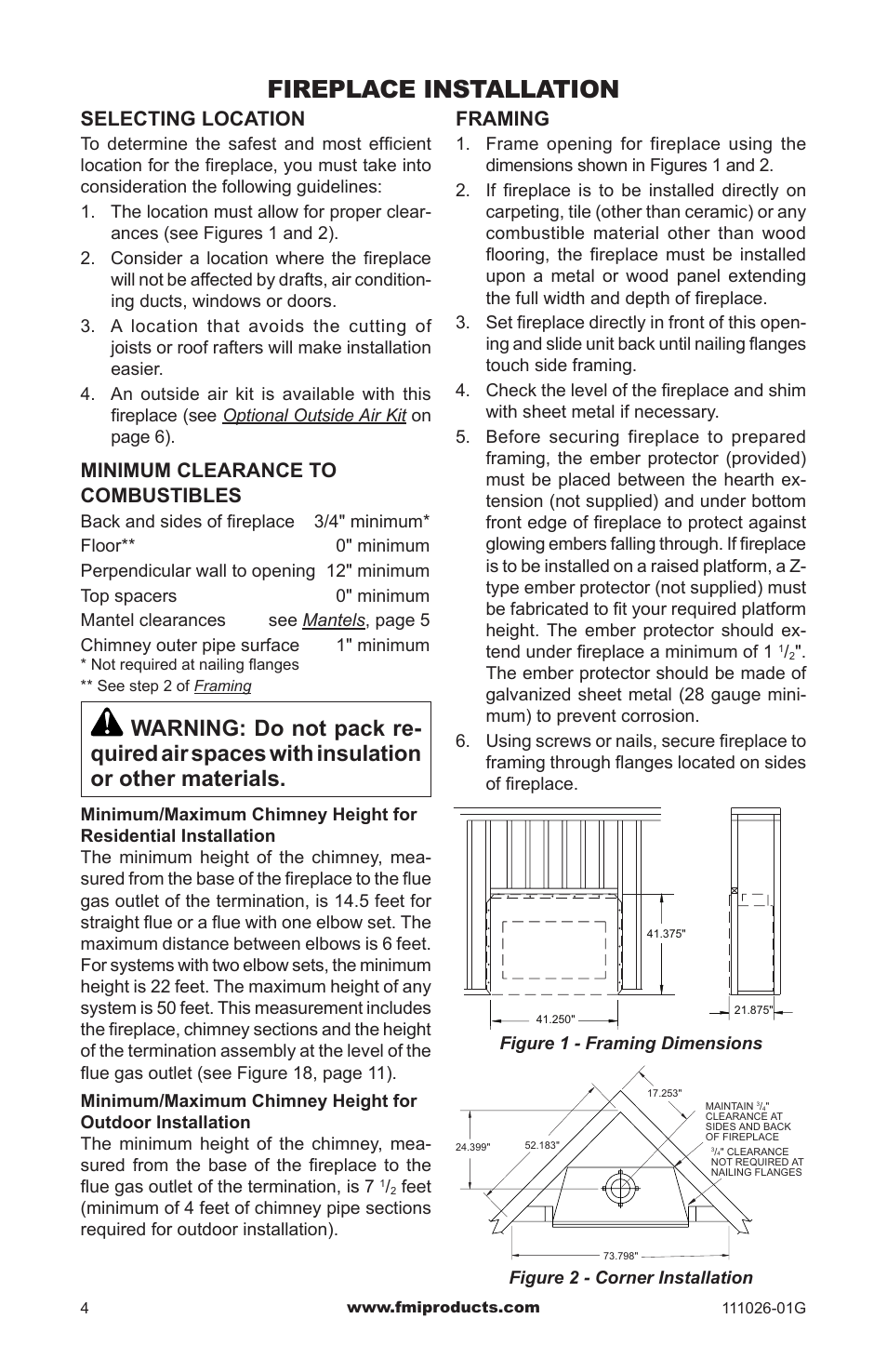 Fireplace installation, Framing, Selecting location | Minimum clearance to combustibles | FMI (V)S36 User Manual | Page 4 / 20