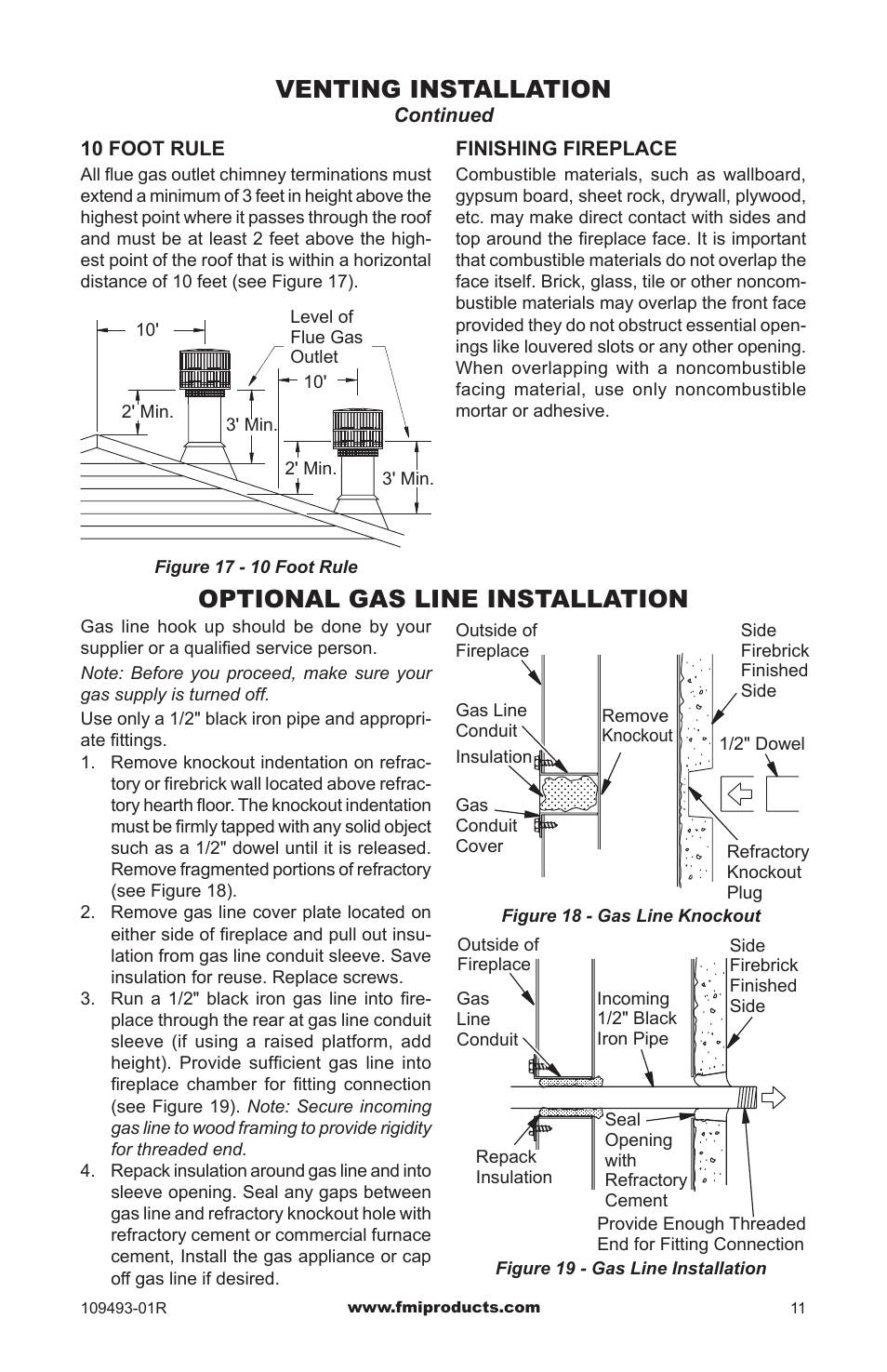 Venting installation, Optional gas line installation | FMI (V)G42H/50H User Manual | Page 11 / 16