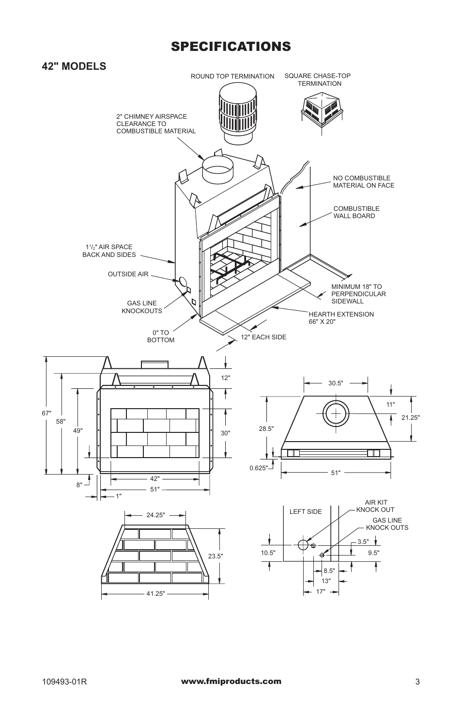 Specifications, 42" models | FMI (V)G42H/50H User Manual | Page 3 / 16