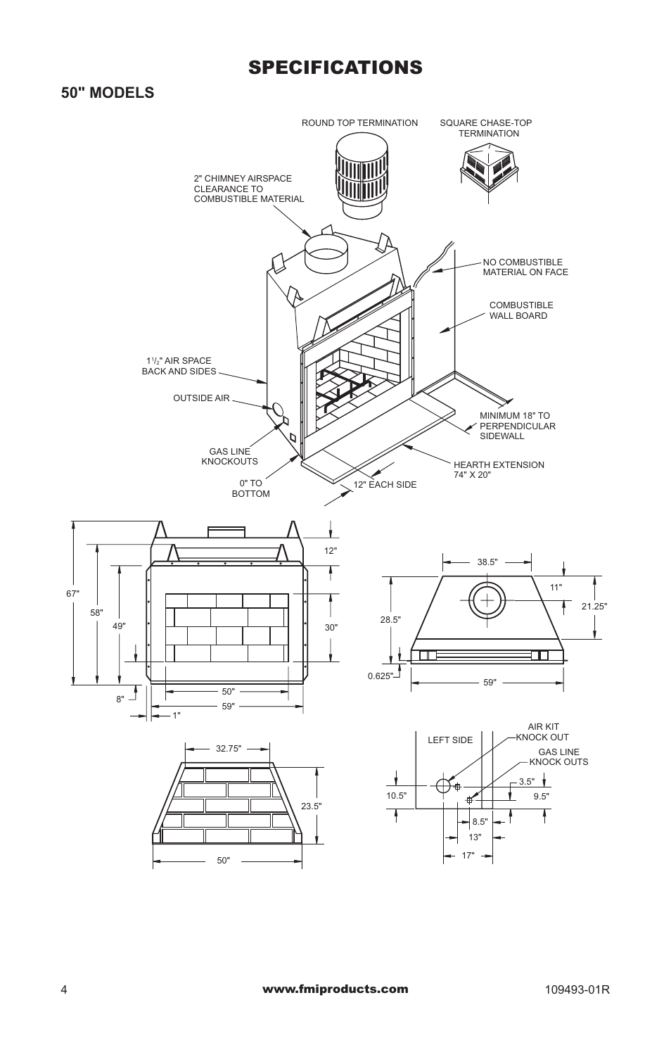 Specifications, 50" models | FMI (V)G42H/50H User Manual | Page 4 / 16