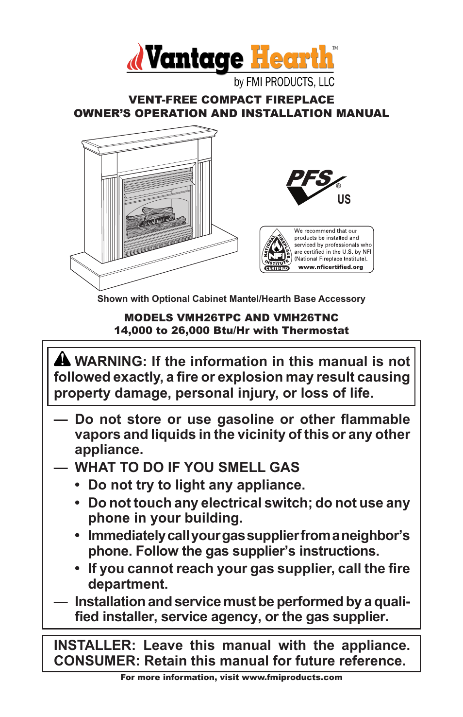 FMI VANTAGE HEARTH VMH26TNC User Manual | 32 pages