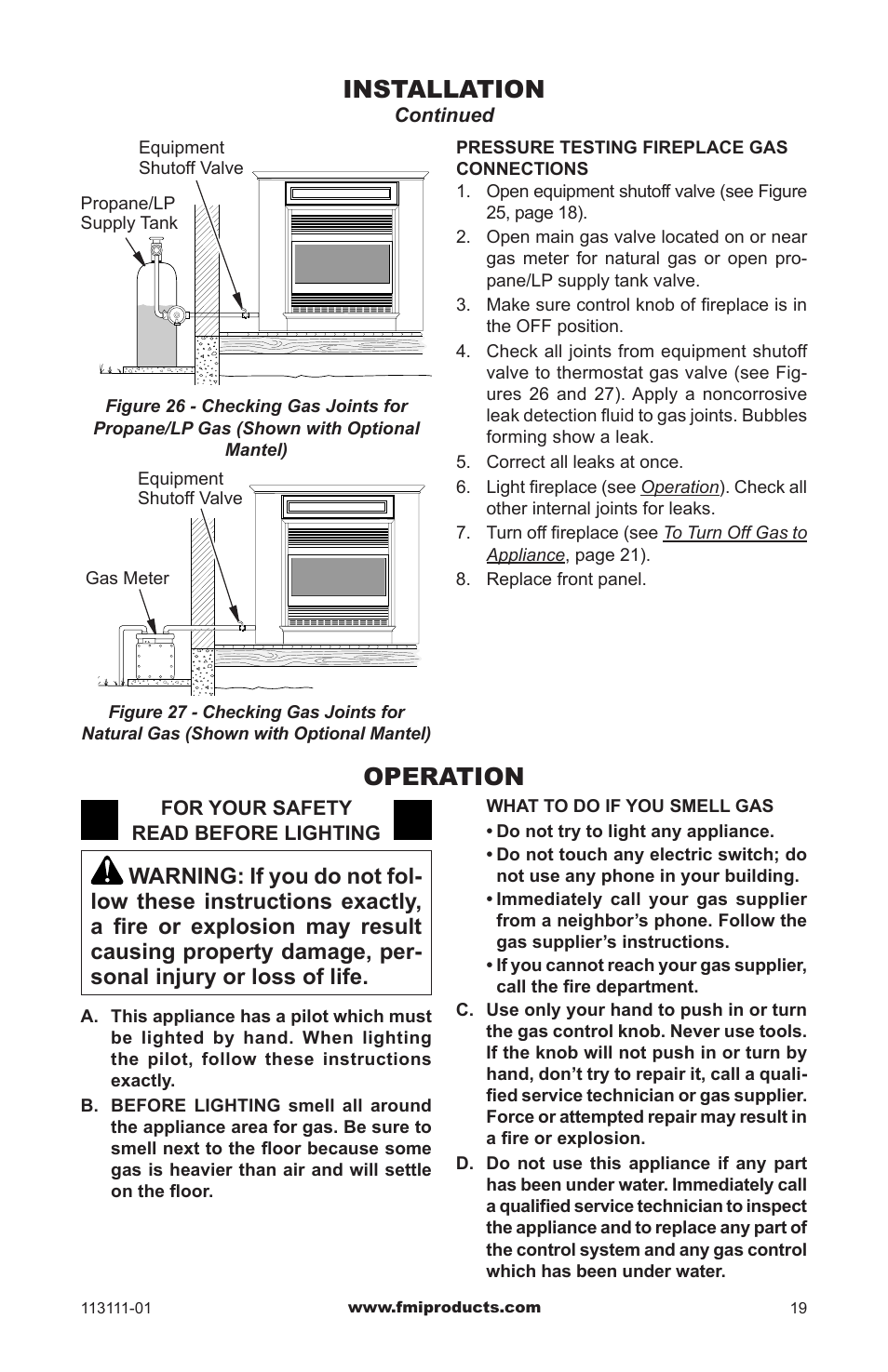 Operation, Installation | FMI VANTAGE HEARTH VMH26TNC User Manual | Page 19 / 32