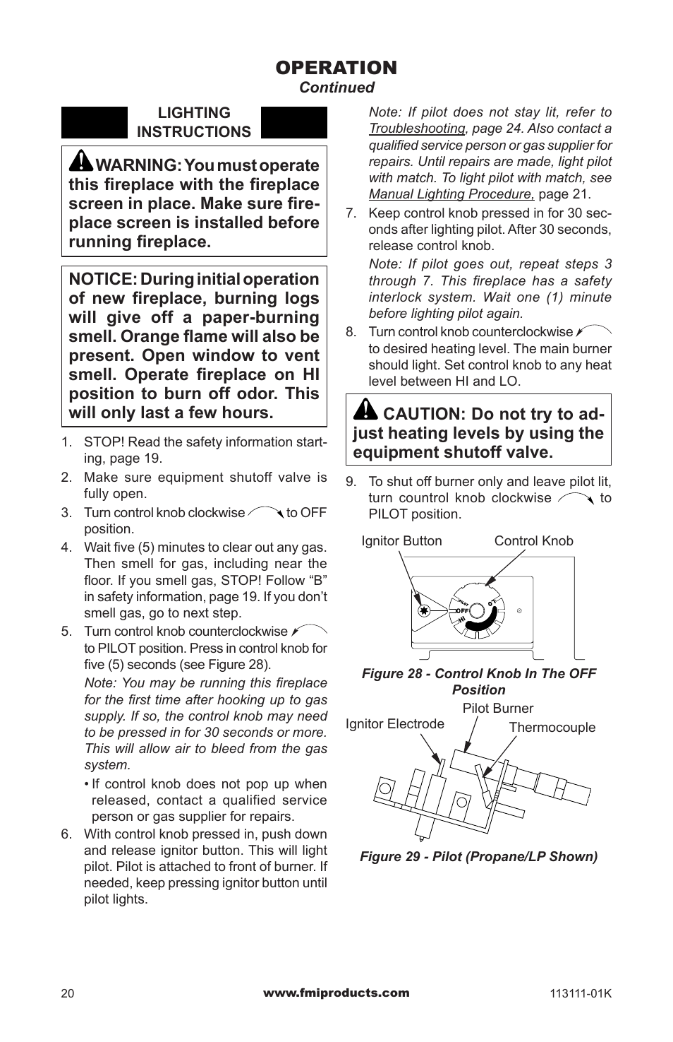 Operation | FMI VANTAGE HEARTH VMH26TNC User Manual | Page 20 / 32