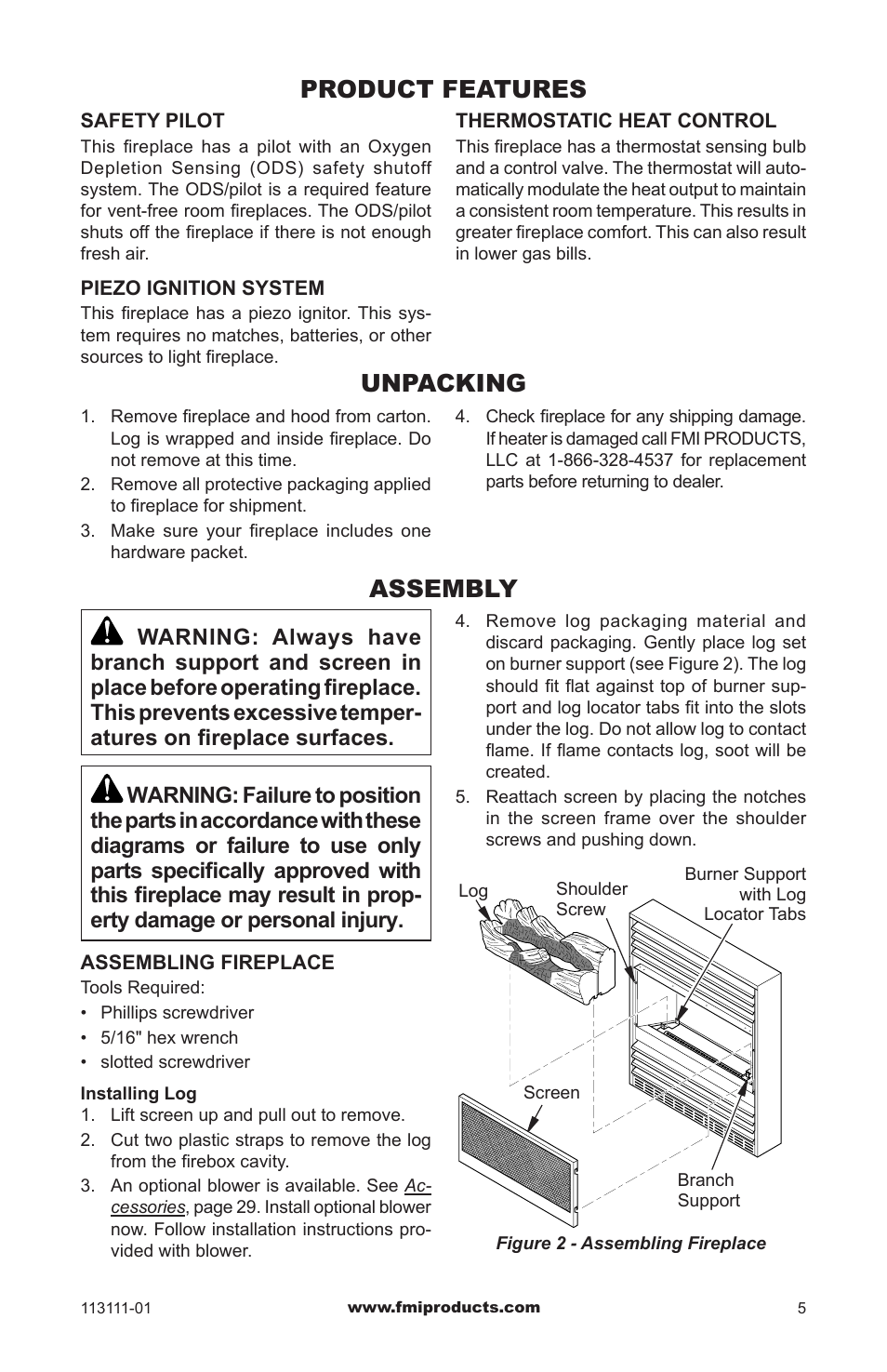 Product features, Unpacking, Assembly | Product features assembly | FMI VANTAGE HEARTH VMH26TNC User Manual | Page 5 / 32