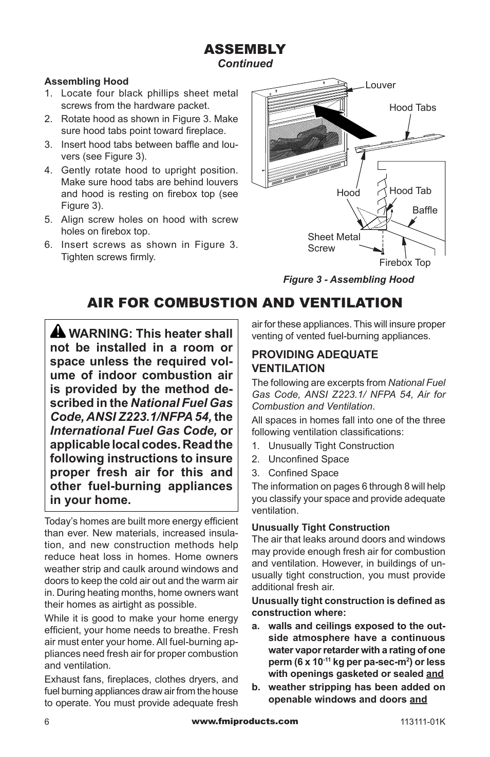 Air for combustion and ventilation, Assembly | FMI VANTAGE HEARTH VMH26TNC User Manual | Page 6 / 32