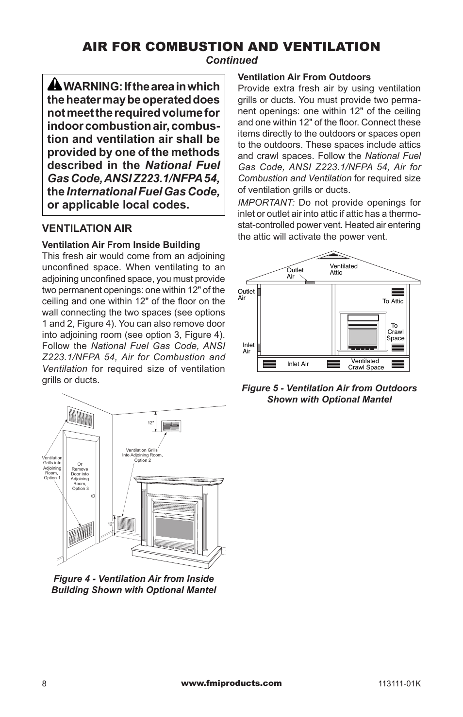 Air for combustion and ventilation, Ventilation air, Continued | FMI VANTAGE HEARTH VMH26TNC User Manual | Page 8 / 32