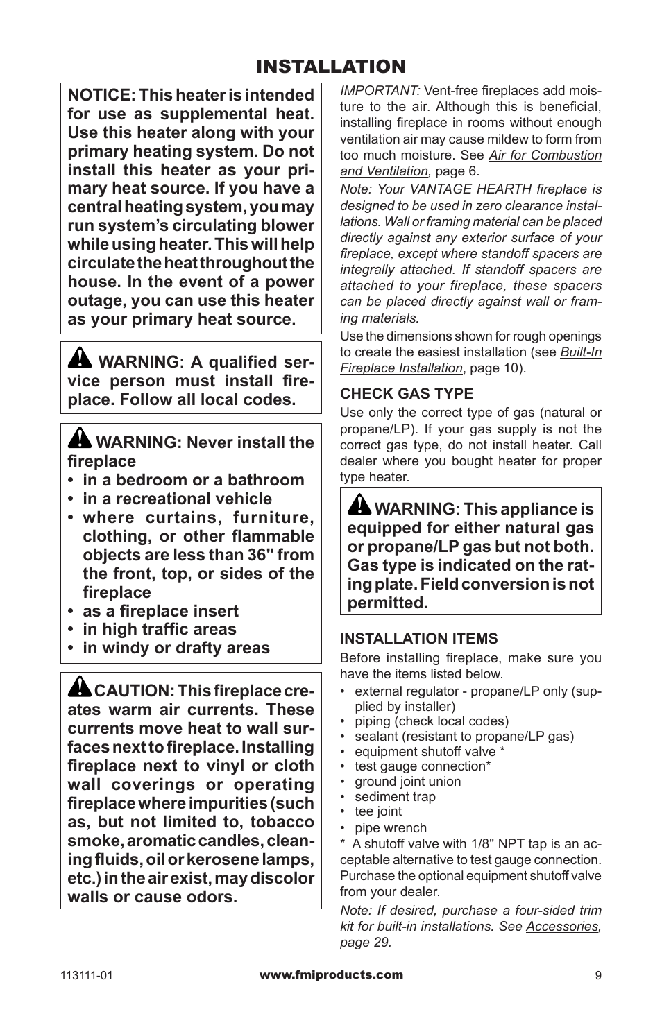 Installation | FMI VANTAGE HEARTH VMH26TNC User Manual | Page 9 / 32