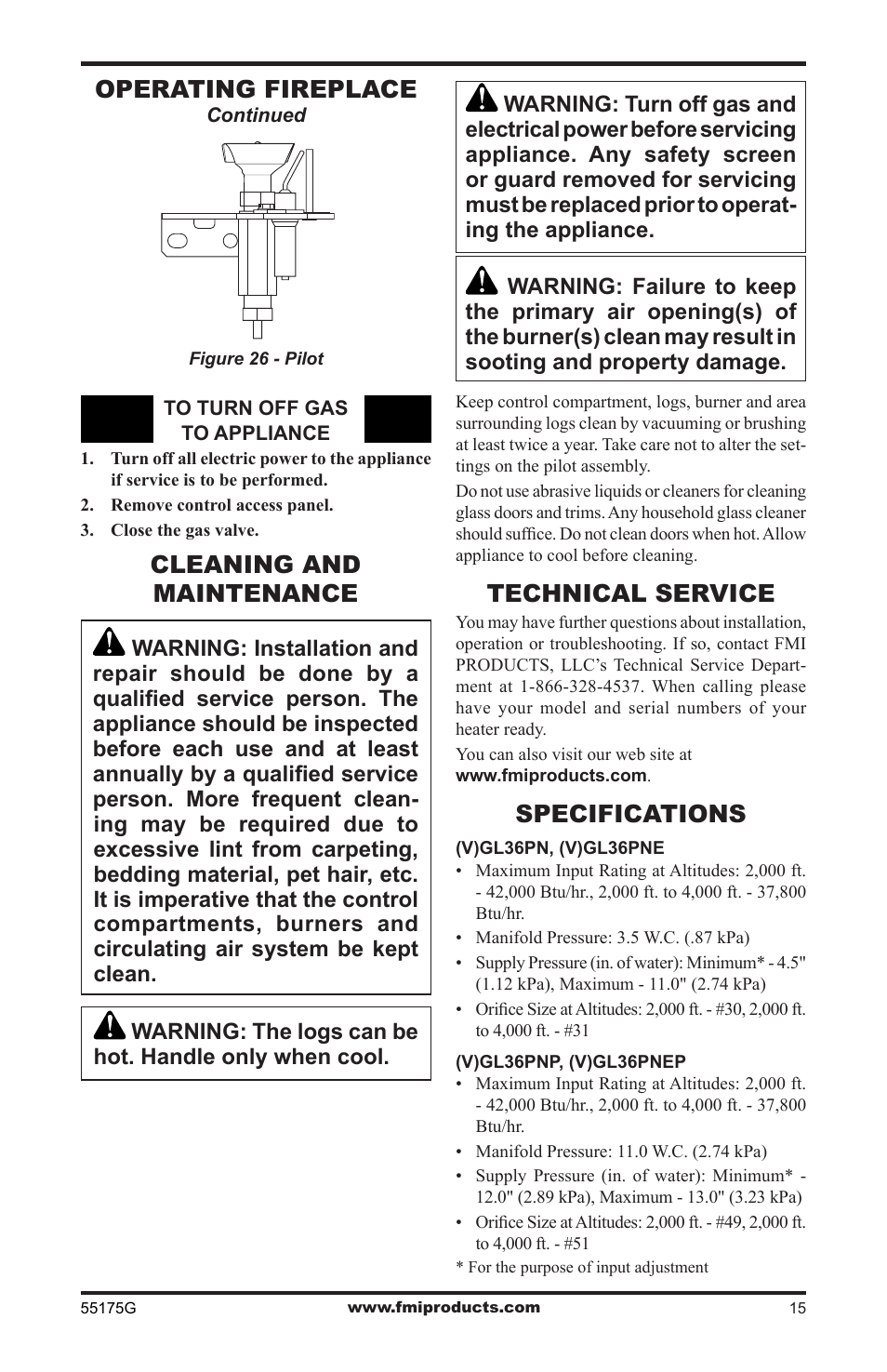 Cleaning and maintenance, Operating fireplace, Technical service | Specifications | FMI (V)GL36PNE User Manual | Page 15 / 20