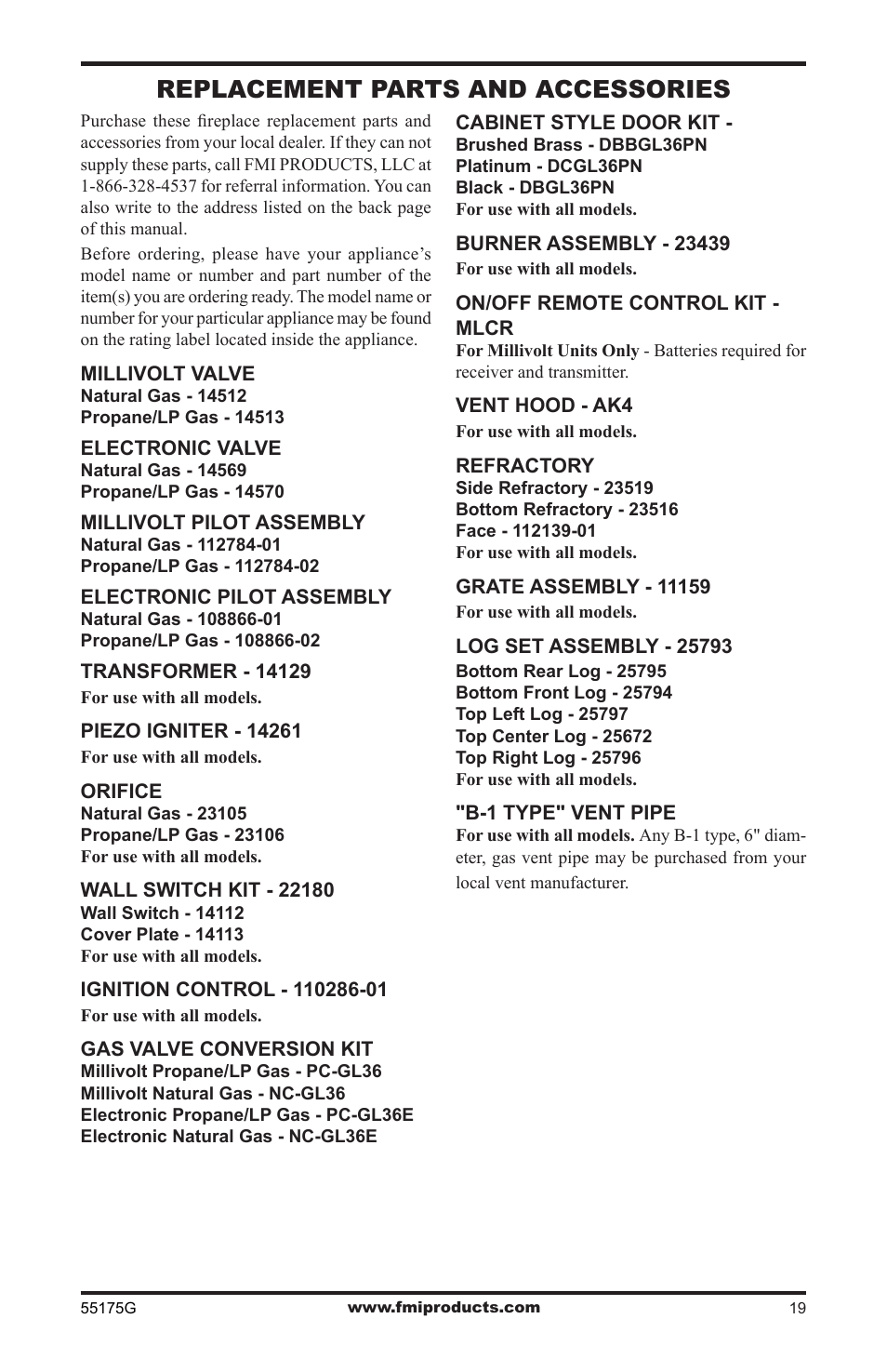 Replacement parts and accessories | FMI (V)GL36PNE User Manual | Page 19 / 20