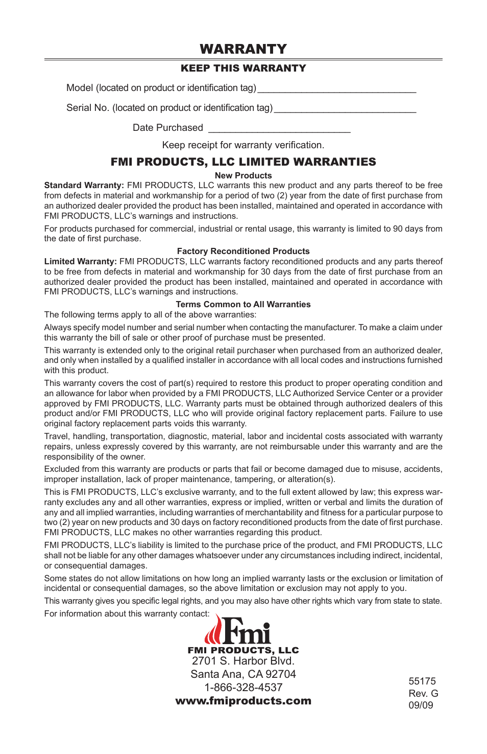 Warranty, Fmi products, llc limited warranties | FMI (V)GL36PNE User Manual | Page 20 / 20