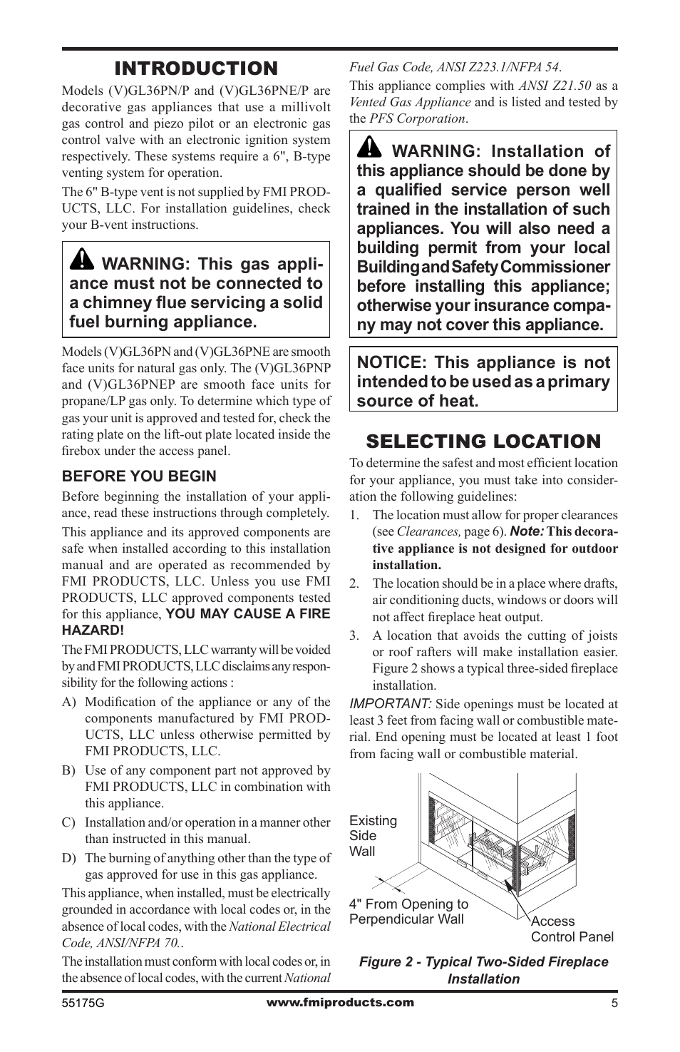 Introduction, Selecting location | FMI (V)GL36PNE User Manual | Page 5 / 20